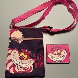 Loungefly Alice in Wonderland Cheshire Cat Bag with matching wallet.